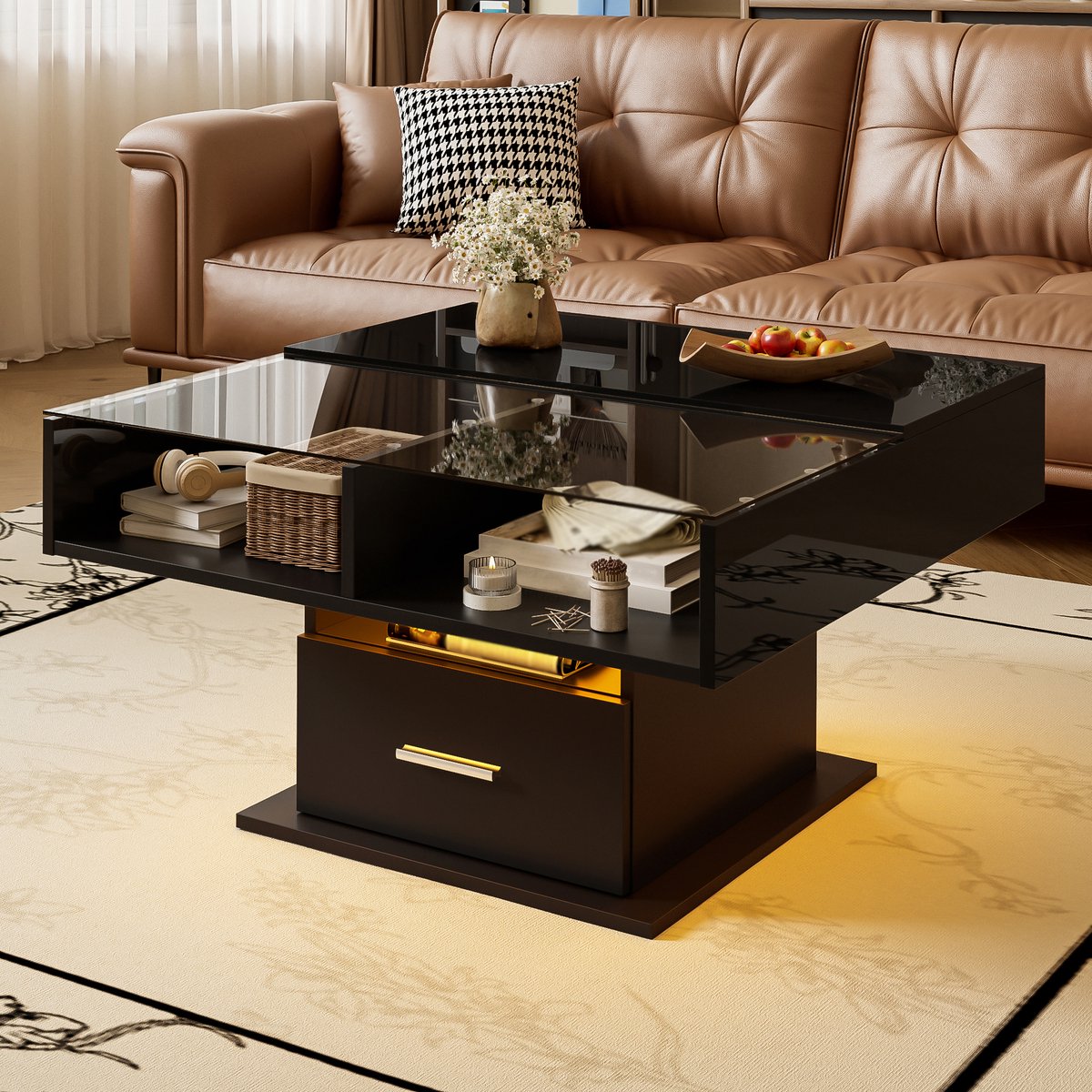 COVREO Salontafel 78x78 cm – zwart, spaanplaat, hoogte instelbaar, met lade en LED-verlichting