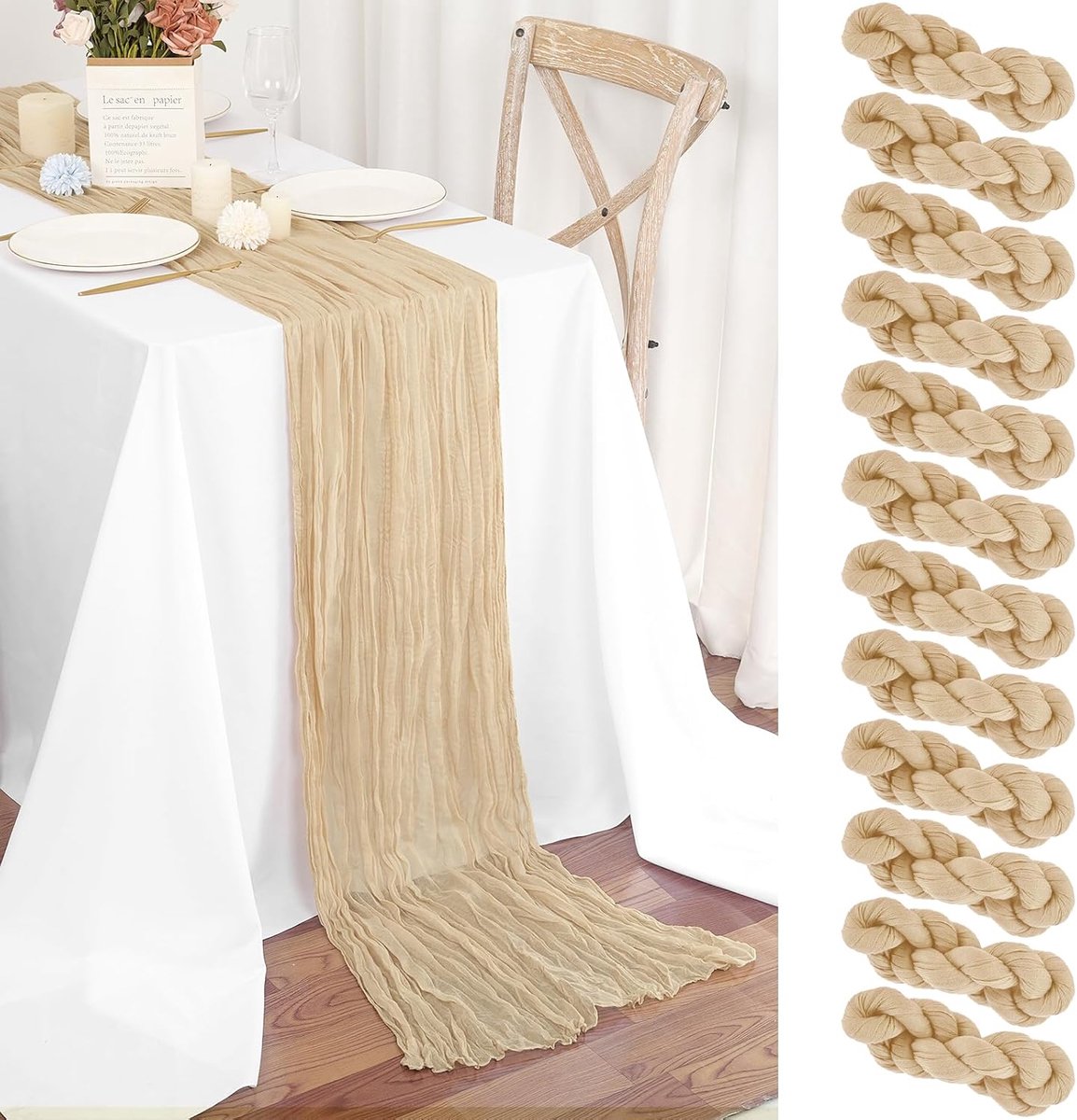 SnelShoppen - Set van 12 Beige Tafelrokken 55 x 300 cm Boho Mesh Kaasdoek Tafelrunner voor Bruiloft, Feest, Babyshower, Verjaardag Decoraties