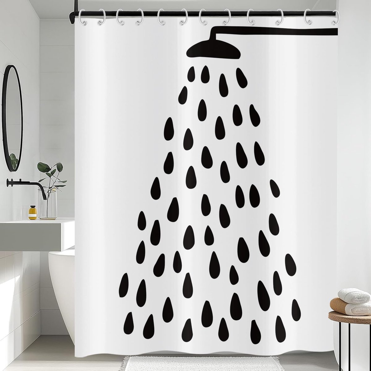 SnelShoppen - Moderne Zwart-Witte Douchegordijn met Grappige Douchestraal en Waterdruppels, Waterproof Polyester, Wasbaar, Inclusief Haakjes voor Badk