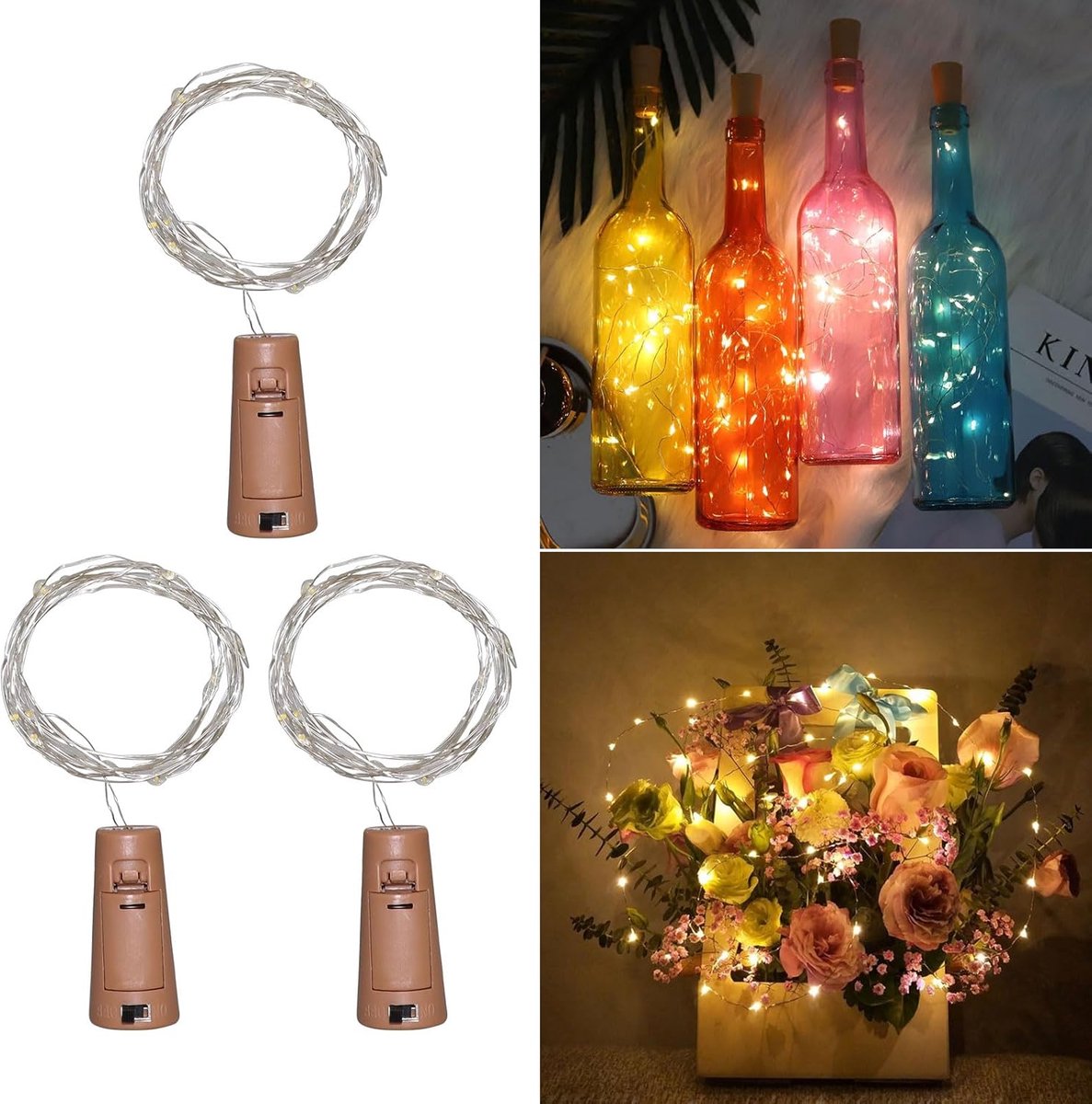 SnelShoppen - Bottle Cork Lights Warm White - 20 LEDs 2M String, LED Flessen Lichten voor Feest, Bruiloft, Tuin, Slaapkamer, Kerst Cadeau, Set van 3