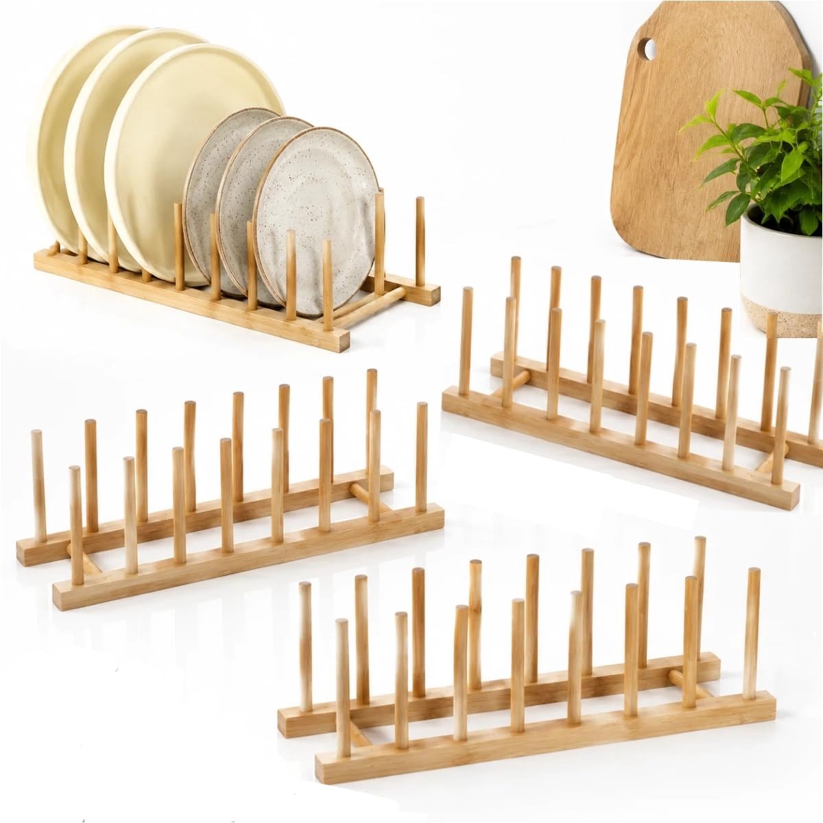 Dailygoods - Bordenstandaard van Bamboe, 4 Stuks - Afdruiprek voor Borden en Kopjes