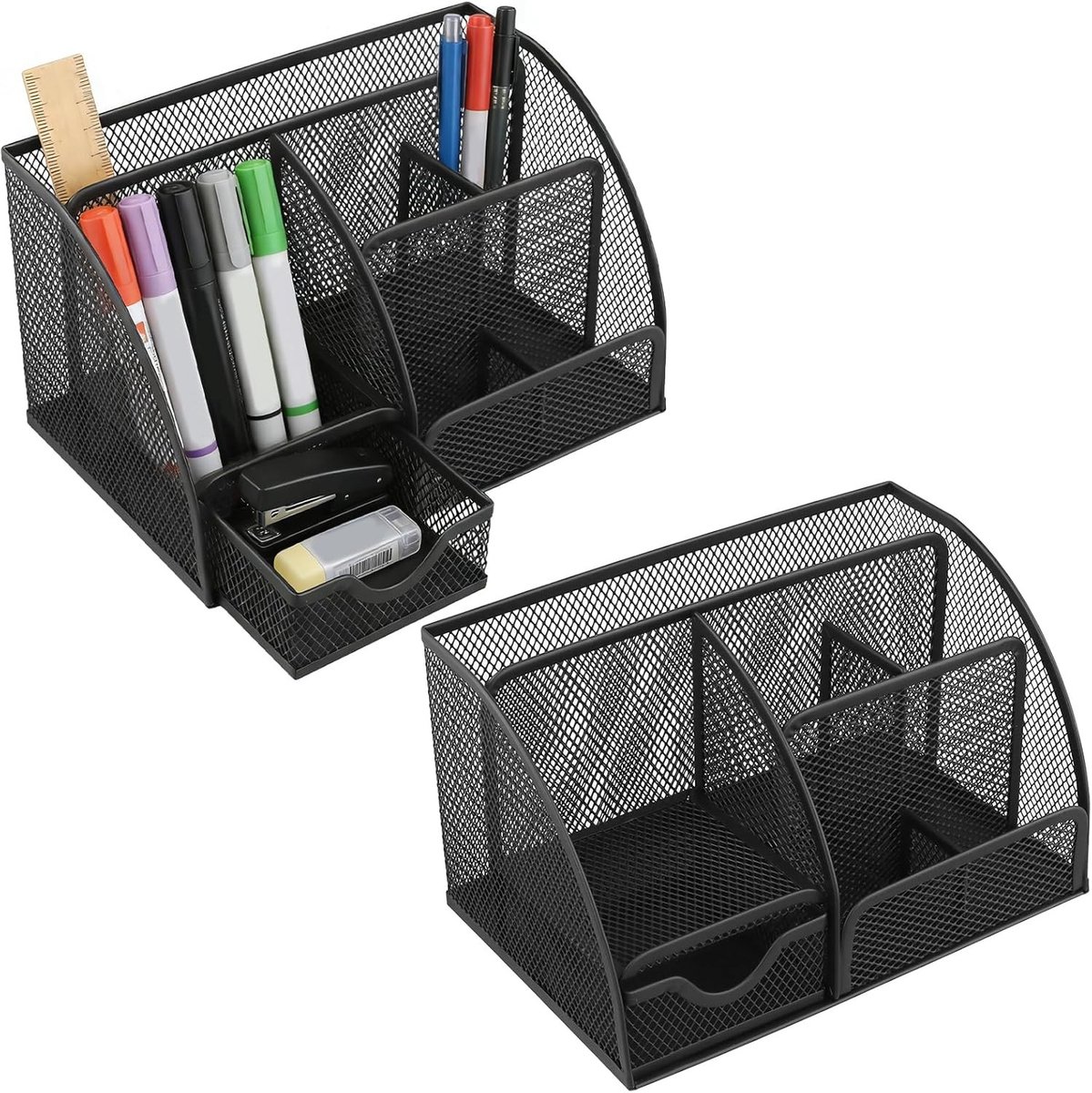 Bureau-organizers met lade, metalen pennenhouder en pennenorganizer voor een opgeruimd kantoor, 2 stuks
