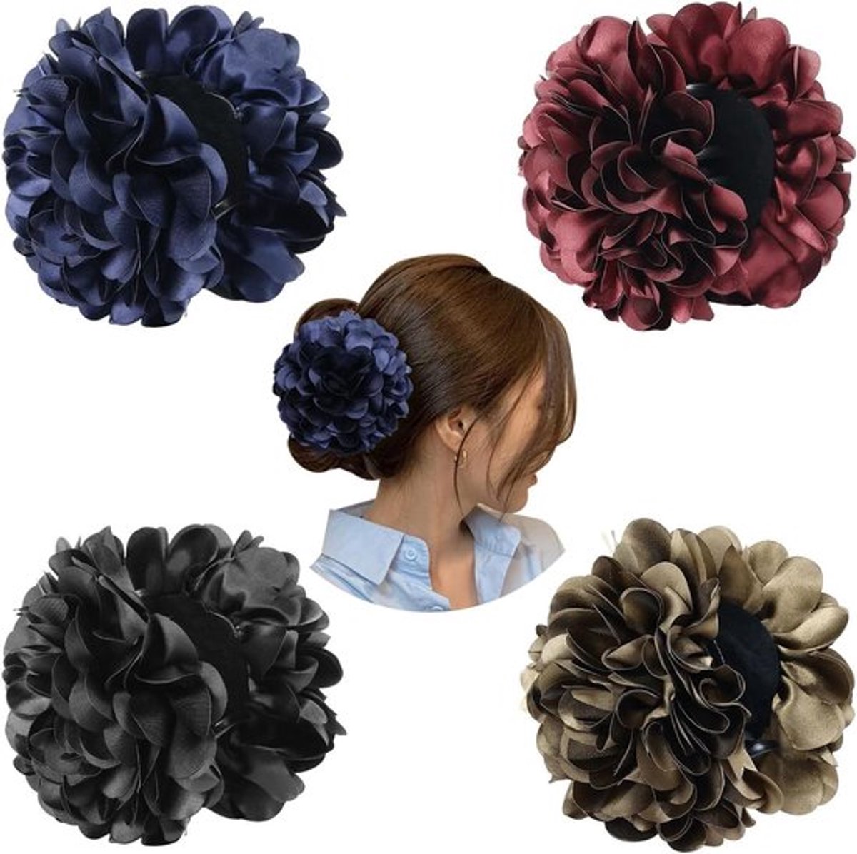 Zwarte Haarklauwen clips met Satijnen Bloem - Haarspeldjes - Paardenstaart - Haaraccessoires - Vrouwen en Meisjes