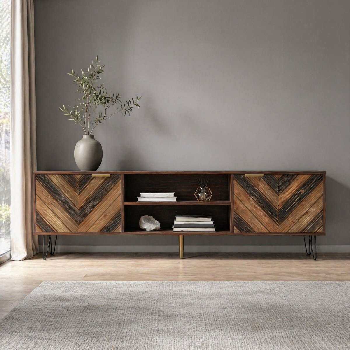 COVREO TV meubel 155x38x48 cm - naturel, 2 deuren, open opbergvak en metalen poten