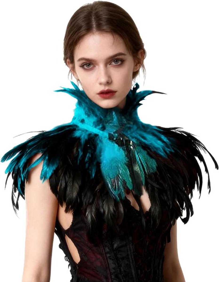 Gothic Victoriaanse veer-kap-sjaal stola poncho - zwart, blauw - Eén maat