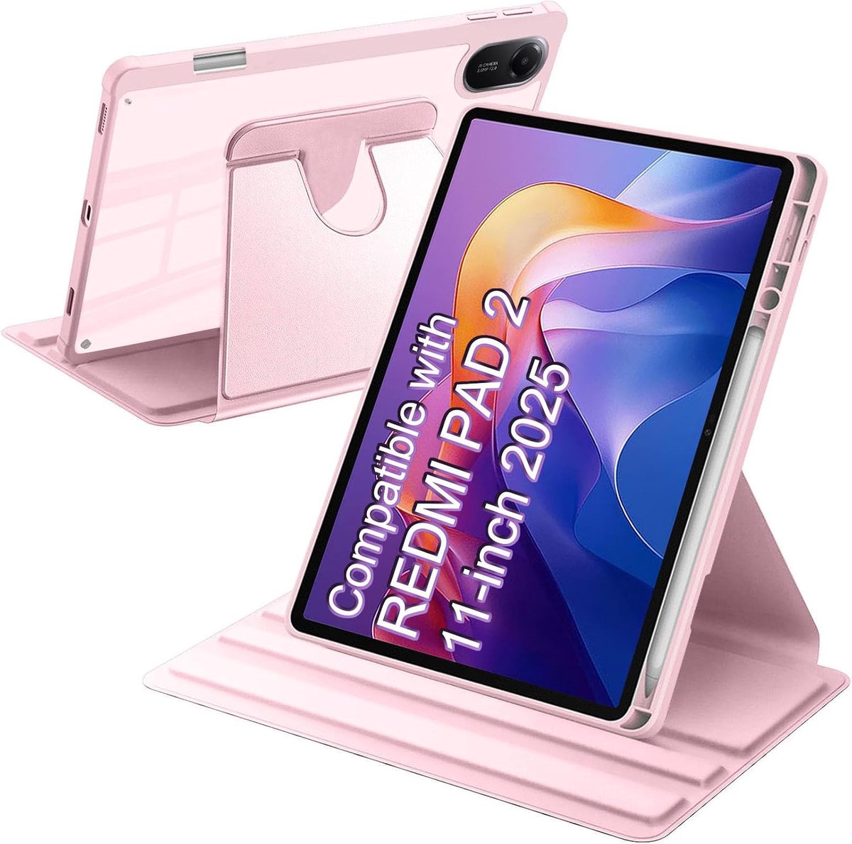 SnelShoppen - Rotating Case voor 11 Inch Tablet, Shockproof, Transparant, Met Penhouder, Automatische Wake Up/Sleep Functie, Roze, Voor Xiaomi Redmi P