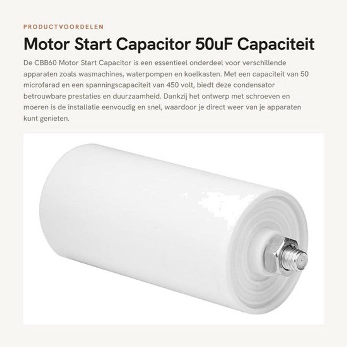 Motor Start Capacitor - 50uF Capaciteit - Betrouwbaar en Eenvoudig te Installeren - 450V Spanning - Wasmachine Onderdelen - Vervangingson...