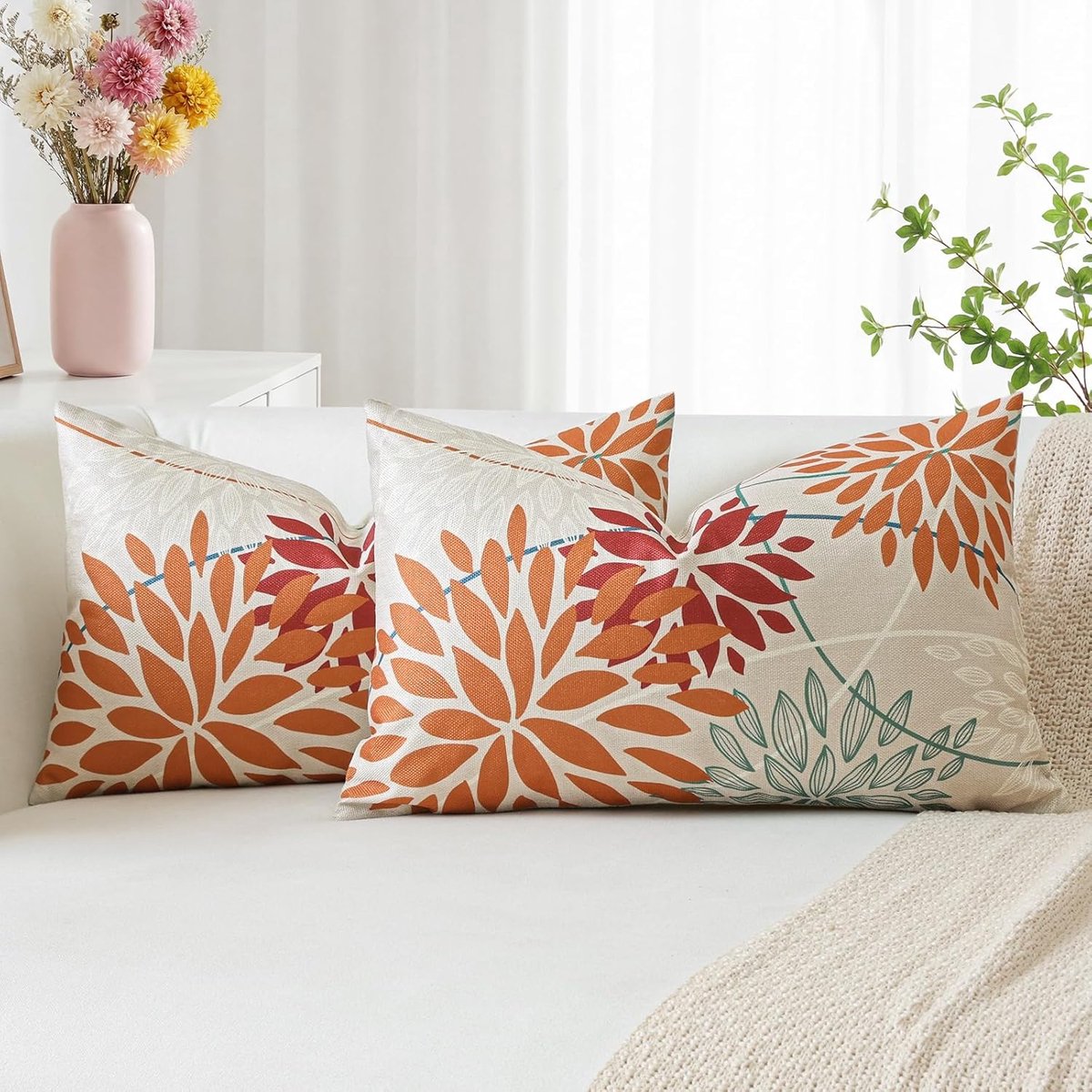 SnelShoppen - Set van 2 Kussenhoezen 30x50cm, Oranje Rode Dalia's Bloemen, Modern Elegant Geometrisch Patroon voor Sofa en Slaapkamer Decoratie