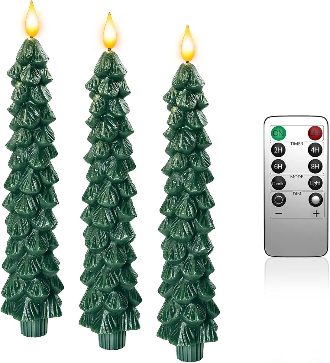 SnelShoppen - LED Kaarsen Kerstboom met Timer Functie en Afstandsbediening, 3 Stuks Stekkerkaarsen, Groene Echt Was, Vlam Effect voor Winter, Thuis, K