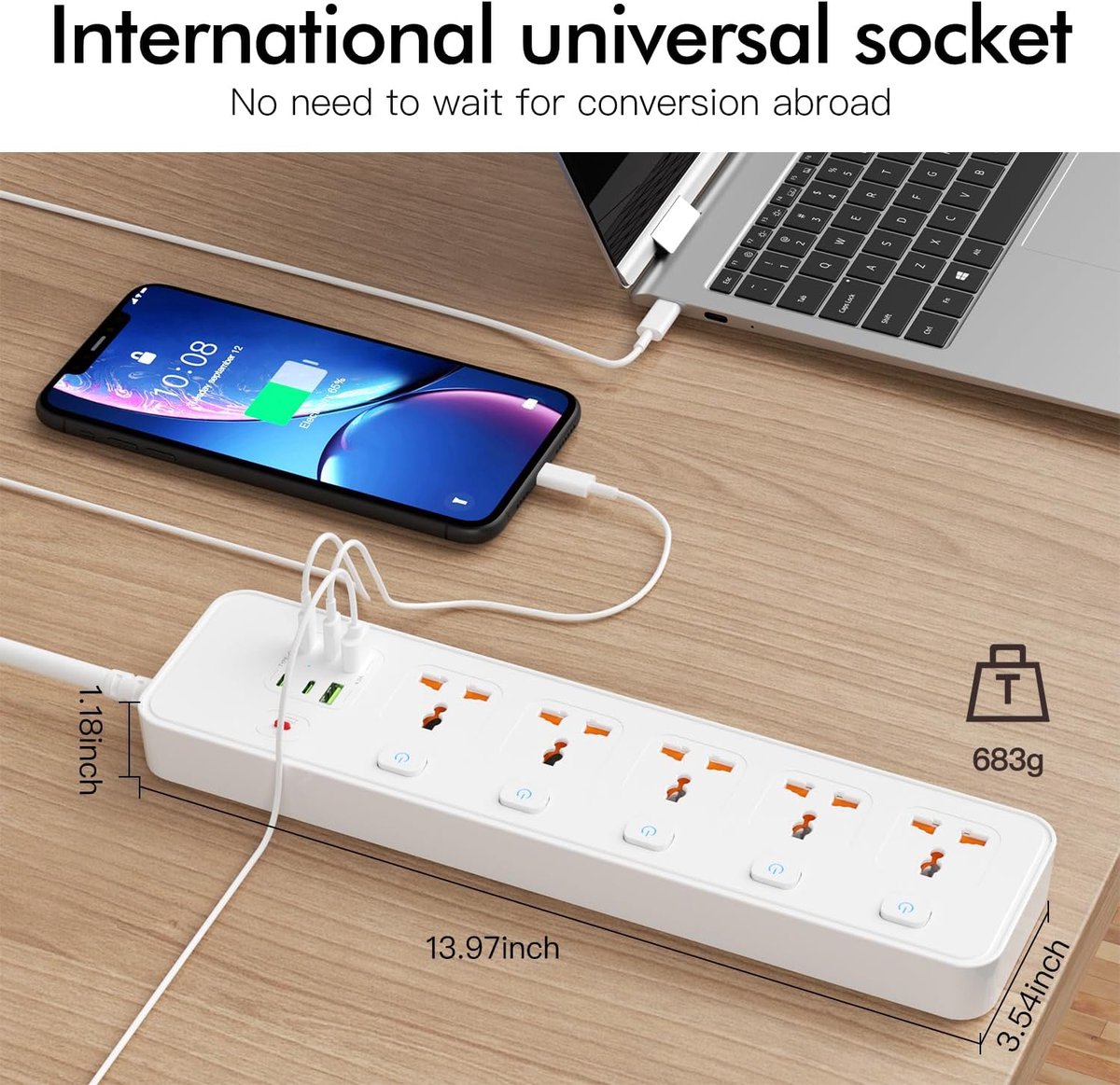 SnelShoppen - Universele Stekkerdoos met USB, Meervoudig Stopcontact met Afzonderlijk Schakelbaar, 5 Stopcontacten, 1,8 m Verlengkabel, 3250 W, Overbe