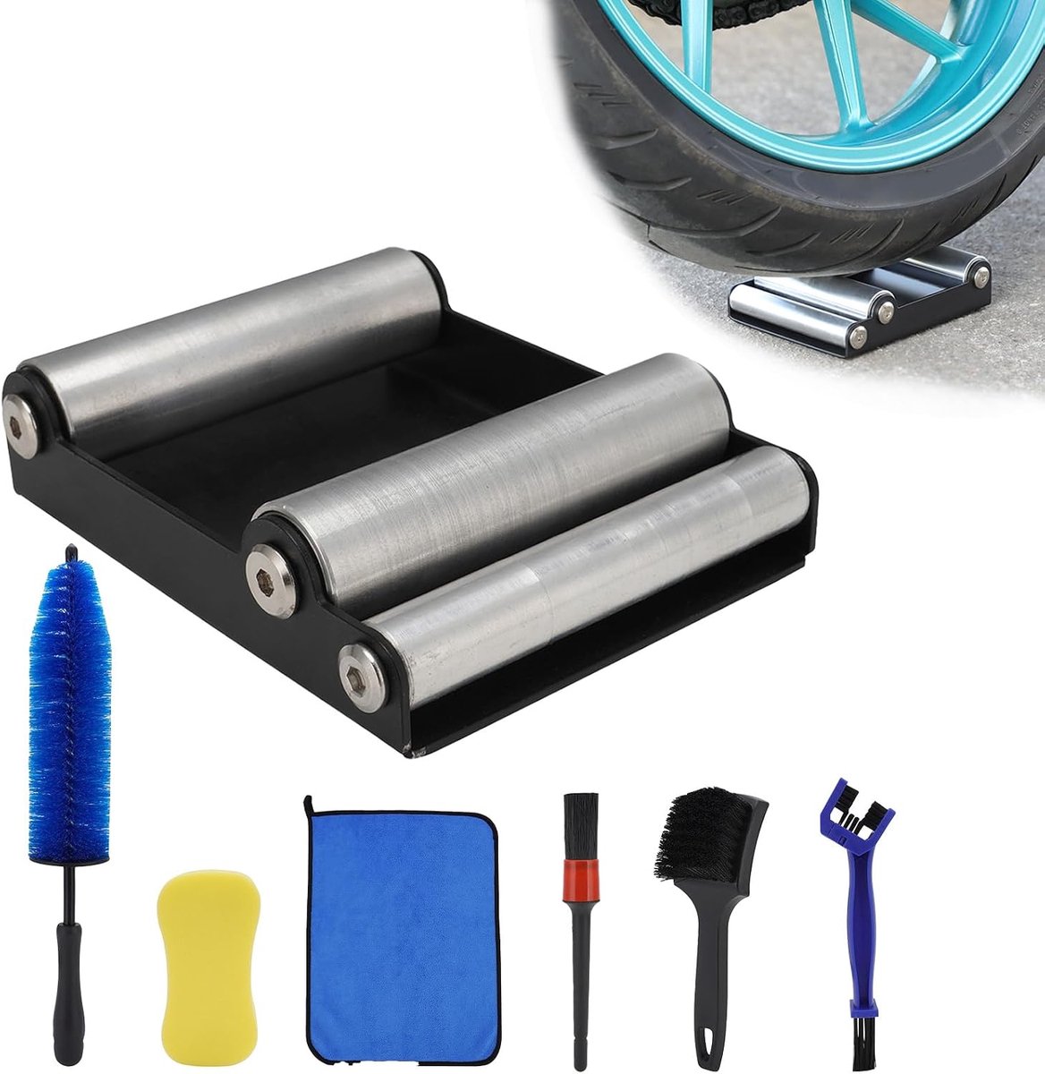 SnelShoppen - Motorfiets Roller Stand + 6-delige Motorcycle Cleaning Brush Kit - Stevige Stalen & Aluminium Wielen Schoonmaakset voor Straatmotoren