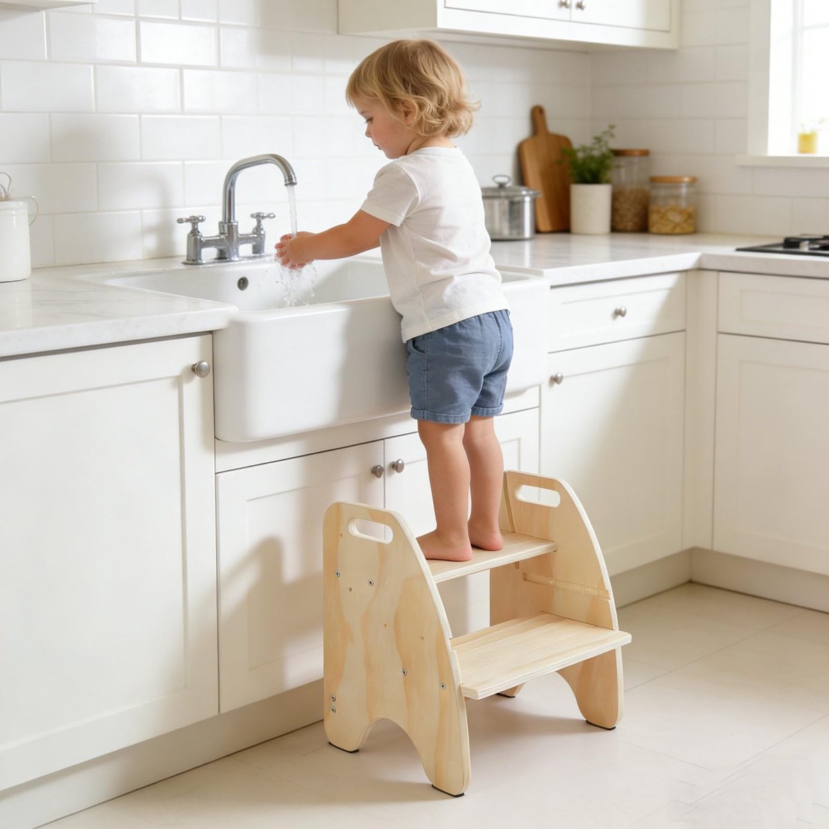 Dailygoods - Comfoyar Houten Stapstoel voor Peuters - Verstelbare 2-in-1 Stoel met Handgreep