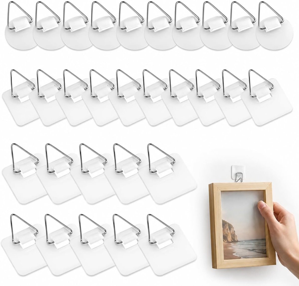 SnelShoppen - Pack van 30 Zelfklevende Foto Hangers in 3 Maten, Witte Acryl Sticky Haakjes, Sterke Wandhaken voor Foto's, Posters, Canvas, Puzzels en