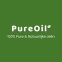 PureOil logo met tekst '100% Pure & Natuurlijke oliën' op een groene achtergrond.