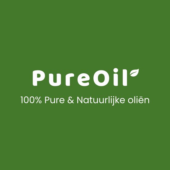 PureOil logo met tekst '100% Pure & Natuurlijke oliën' op een groene achtergrond.