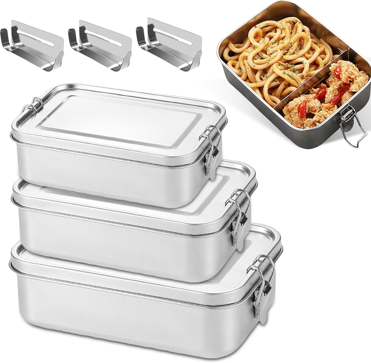 SnelShoppen - RVS Lunchbox Set met Compartimenten - 3 Stuks 850ml, 1400ml, 2400ml - Duurzame 304 Roestvrijstalen Bento Boxen voor Soep, Salade en Meer