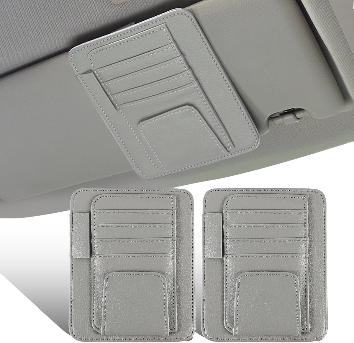 SnelShoppen - 2 Stuks Auto Zonnevizier Organizer, Multifunctionele PU Leren Zonnebril Houder en Visor, Opbergclip voor Zonnebrillen en Kaarten (Grijs)