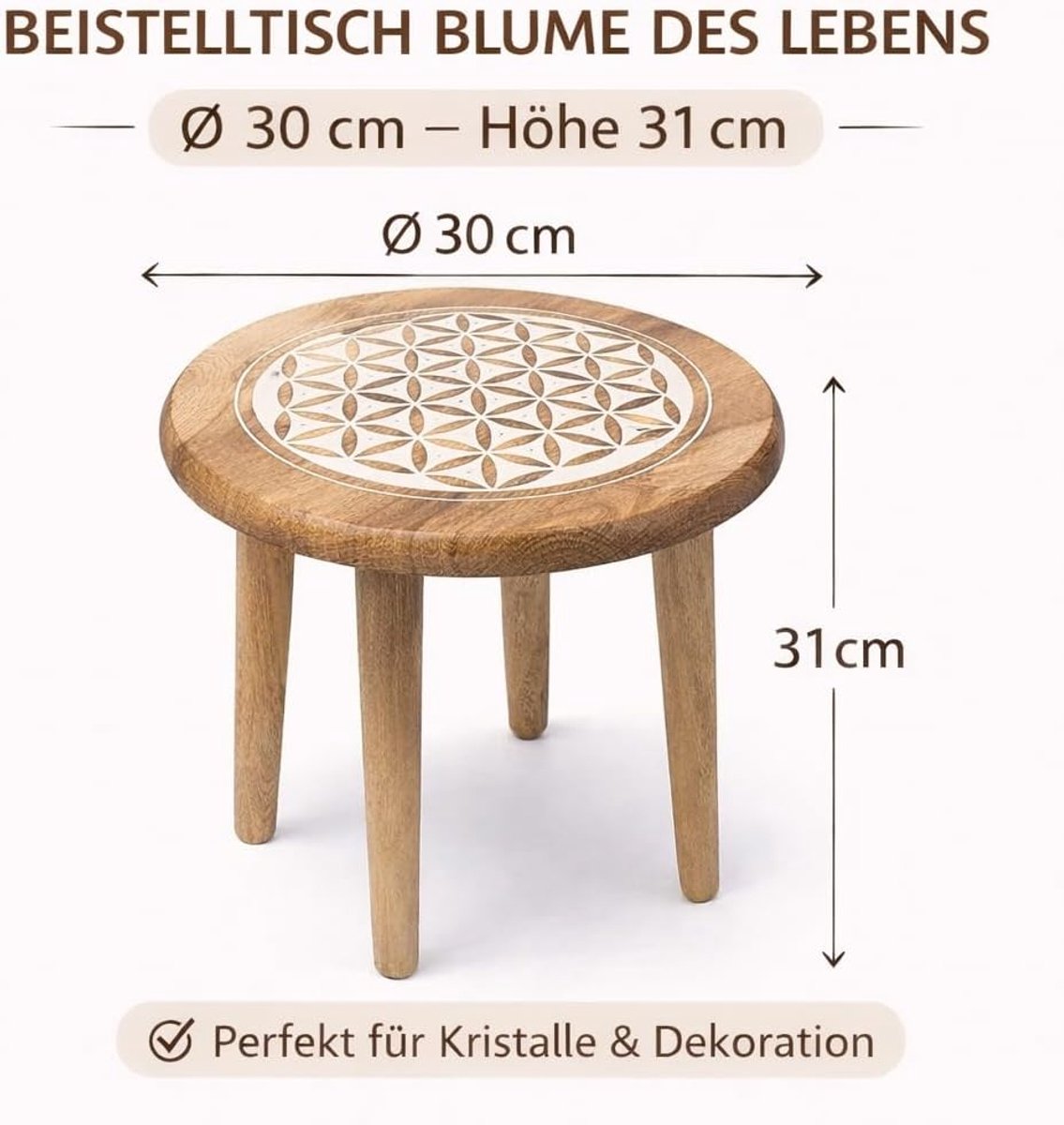 SnelShoppen - Side Table Flower of Life - Ronde Houten Bijzettafel van Mango Hout - Diameter 30 cm - Hoogte 31 cm - Decoratieve Plantentafel, Altar Ta
