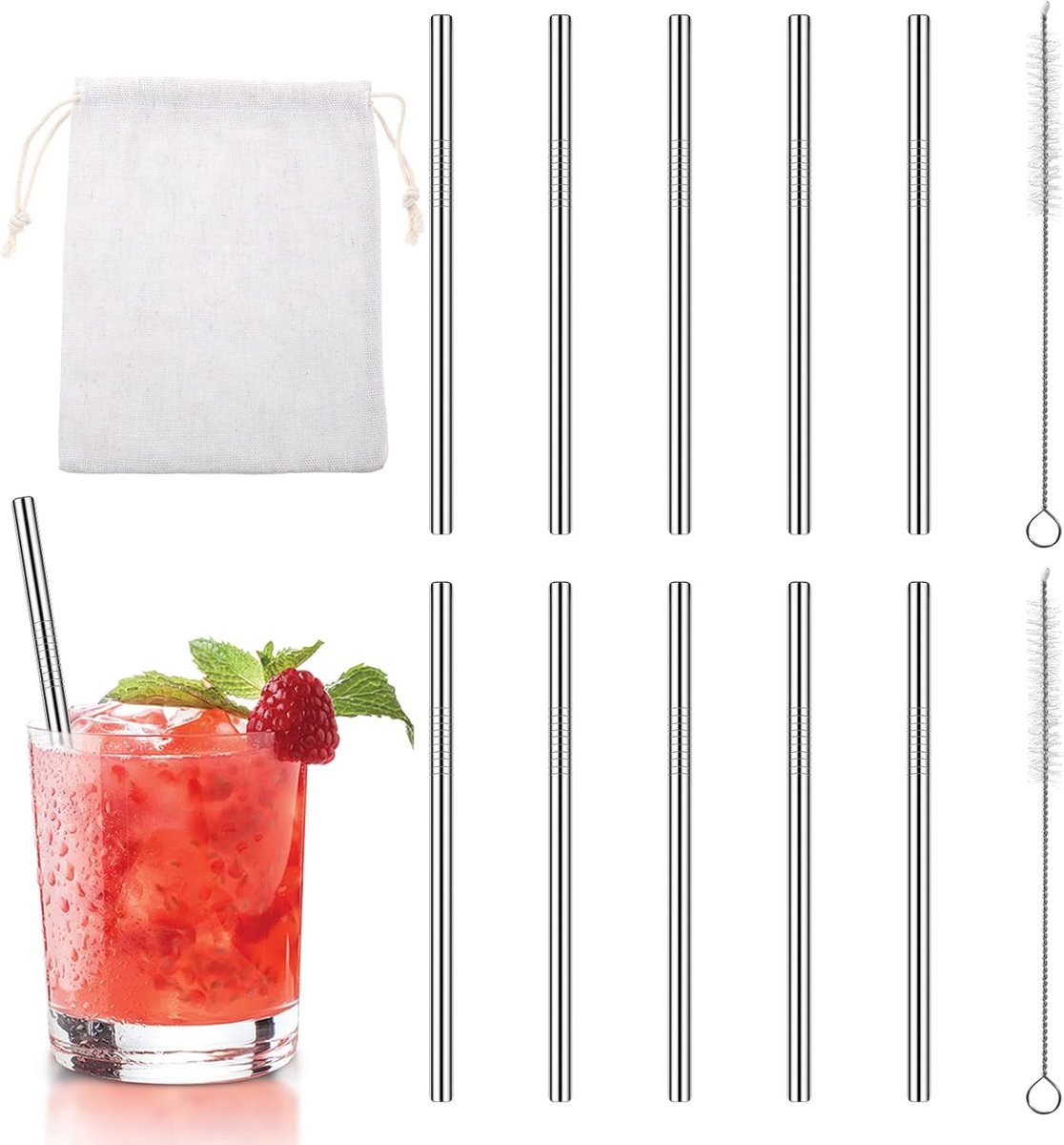 SnelShoppen - Pack van 10 RVS Drink Straws, Korte Herbruikbare Metaal Rietjes, Cocktail Straws met 2 Schoonmaakborstels voor Sappen en Dranken, 12.5 c