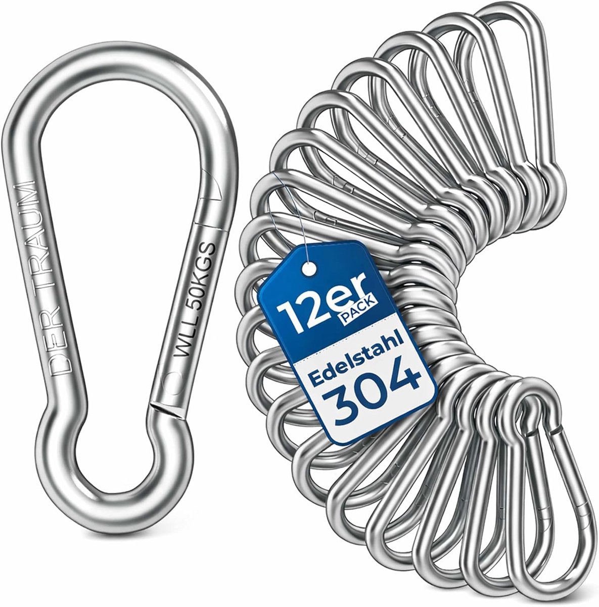 SnelShoppen - Pack van 12 RVS Karabijnhaken 4x40mm, Sterke Karabiners met Hoge Draagcapaciteit, Ideaal voor Sleutelhangers, Kamperen, Hiking, Reizen,