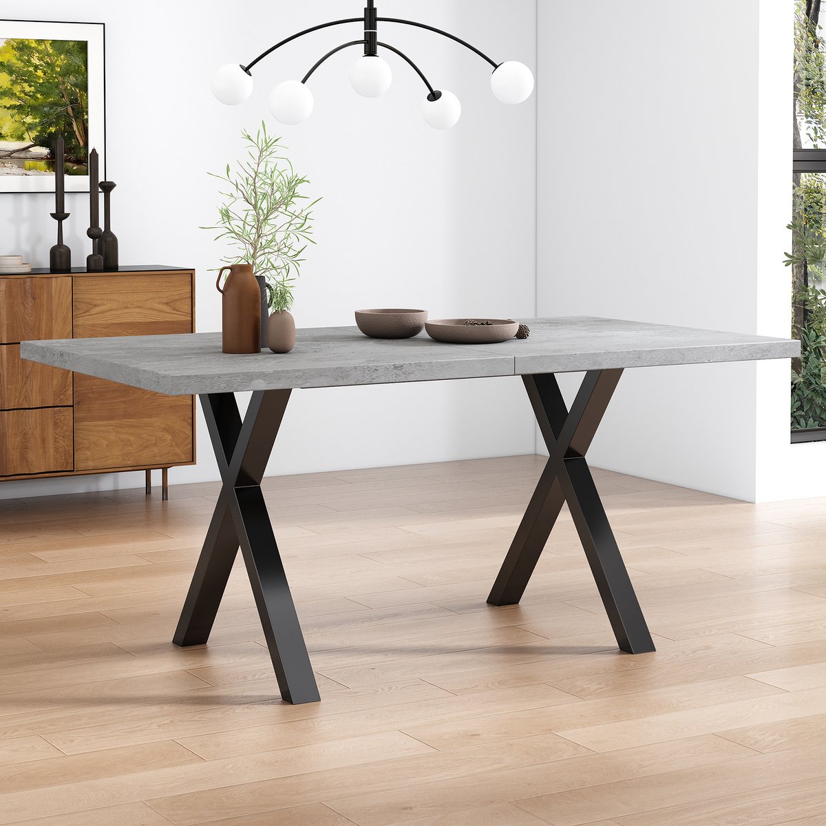 COVREO Eettafel 140 x 80 x 76 cm - betonlook blad, zwart metalen X-onderstel