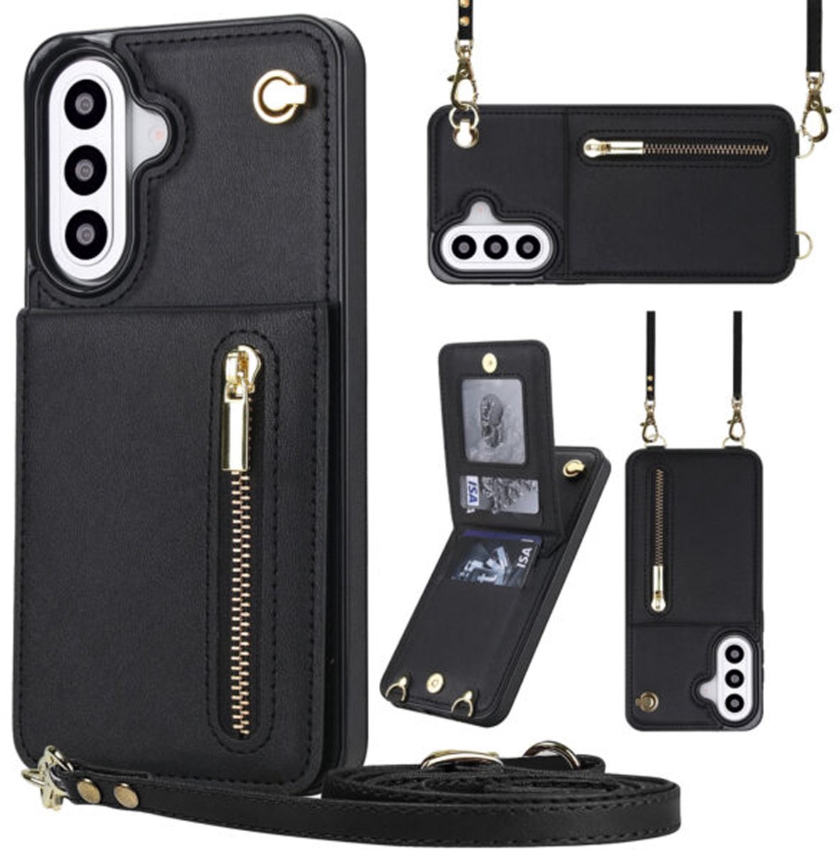 Multimedia & Accessoires Portemonnee Hoesje met Koord geschikt voor Samsung Galaxy A37 - Zwart - Pasjeshouder – Ritsvak - Luxe Kunstleren - Backcover – Standaard