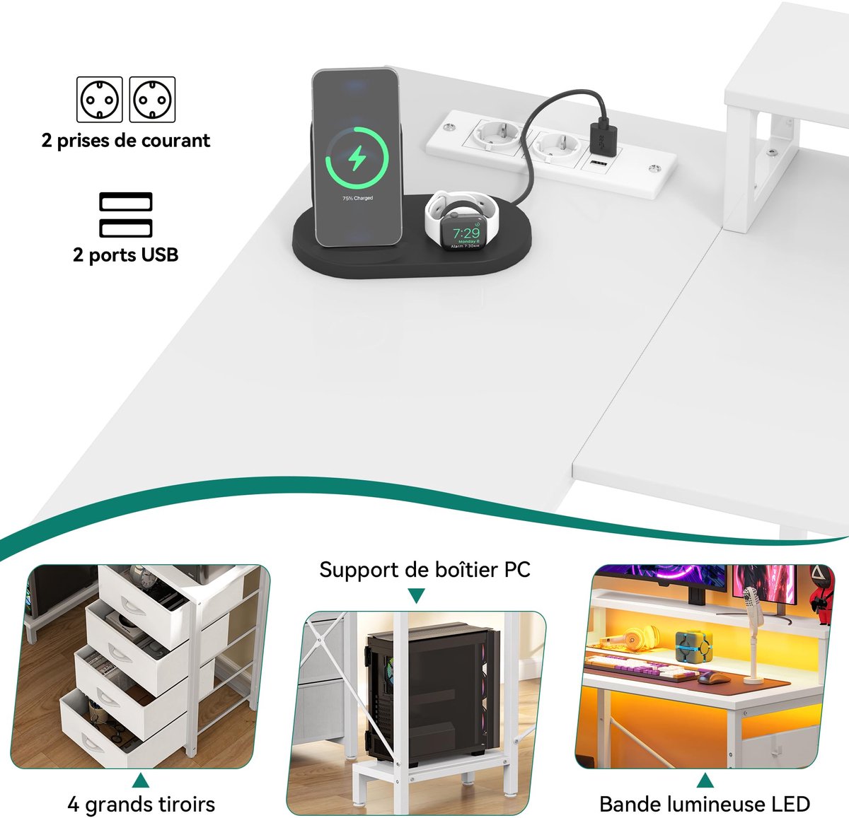 SnelShoppen - Multifunctioneel Hoekbureau met Doe-Het-Zelf Opbergrek, 4 Niveaus, 2 USB Poorten en Elektrische Stopcontacten, 130x100x75 cm, Wit voor T