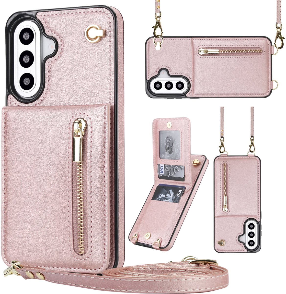 Multimedia & Accessoires Portemonnee Hoesje met Koord geschikt voor Samsung Galaxy A37 - Rosegoud - Pasjeshouder – Ritsvak - Luxe Kunstleren - Backcover – Standaard