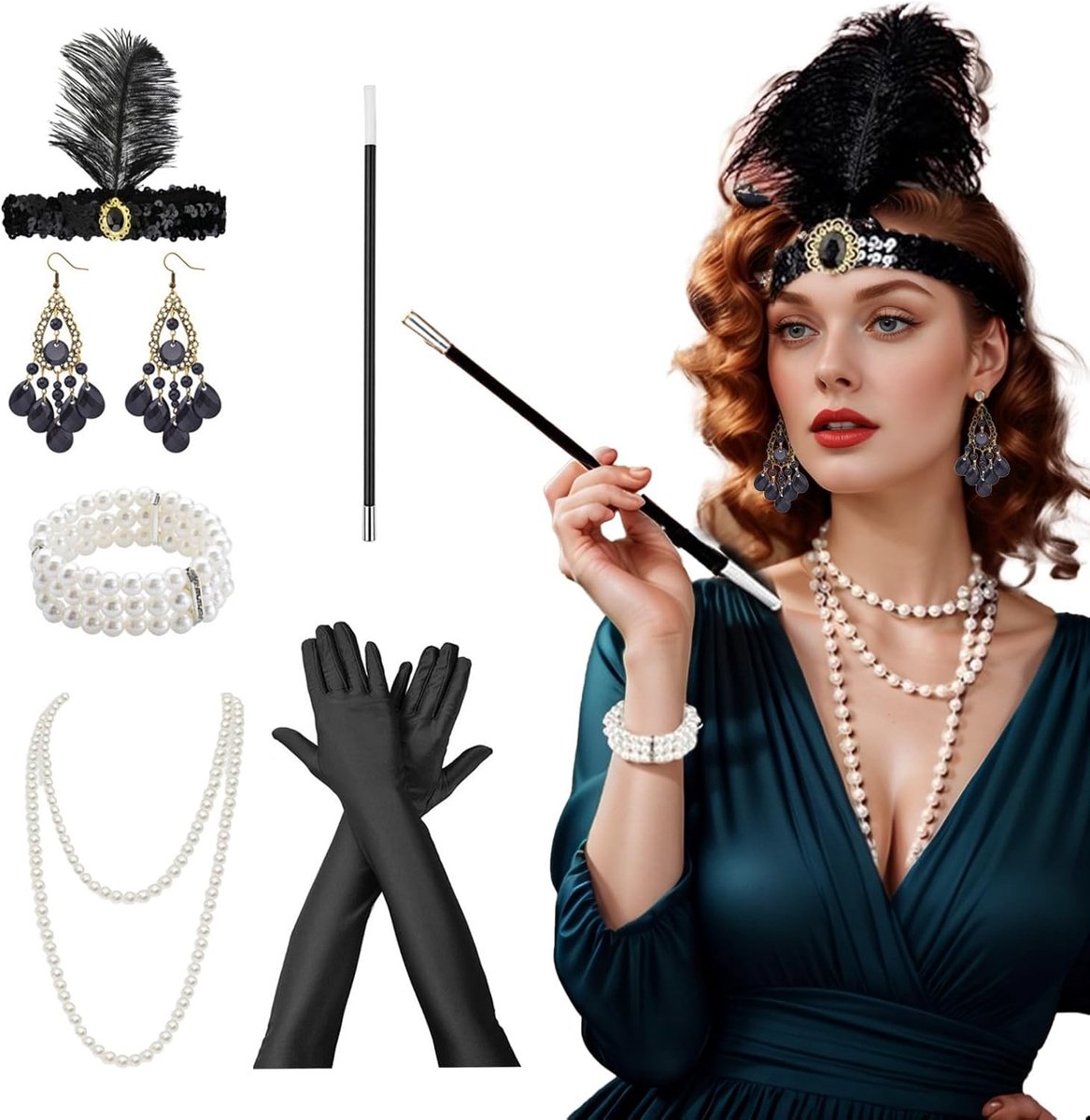 Stijlvol 1920s Accessoires Set voor Vrouwen - Gatsby Kostuum met Flapper Hoofdband en Handschoenen voor Carnaval en Halloween, One Size, Zwart