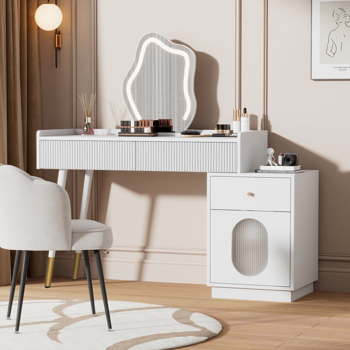 COVREO Kaptafel 100x40x75 cm – wit, met LED-spiegel, lades en opbergkast