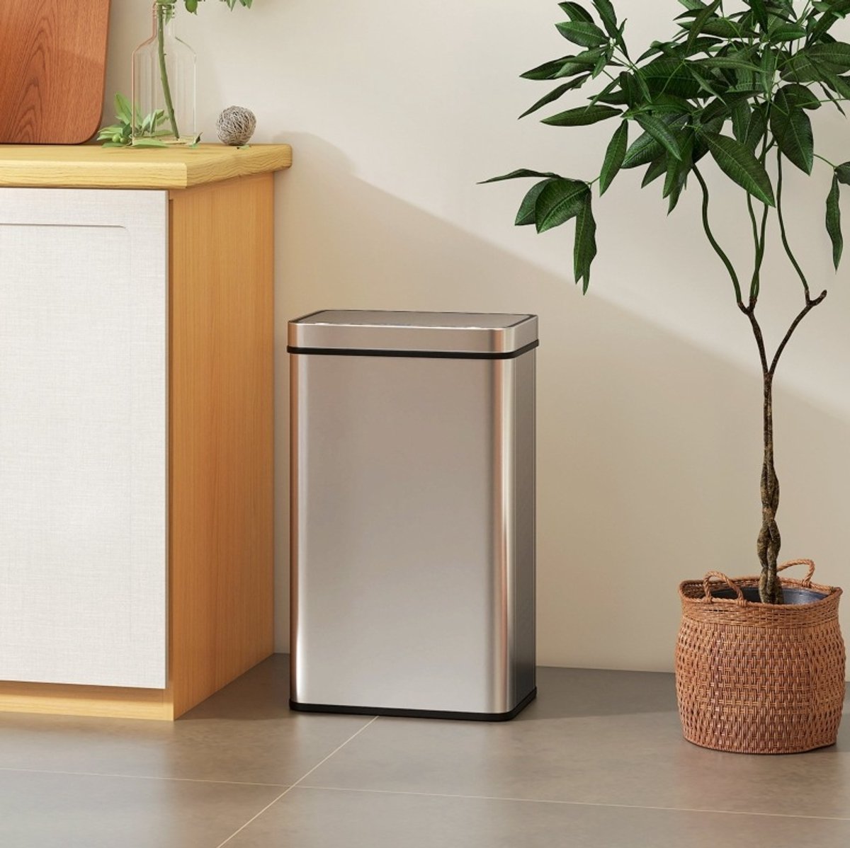 COVREO Sensorprullenbak 34,8x27x66 cm – 60 L, zilver, automatisch deksel en soft-close
