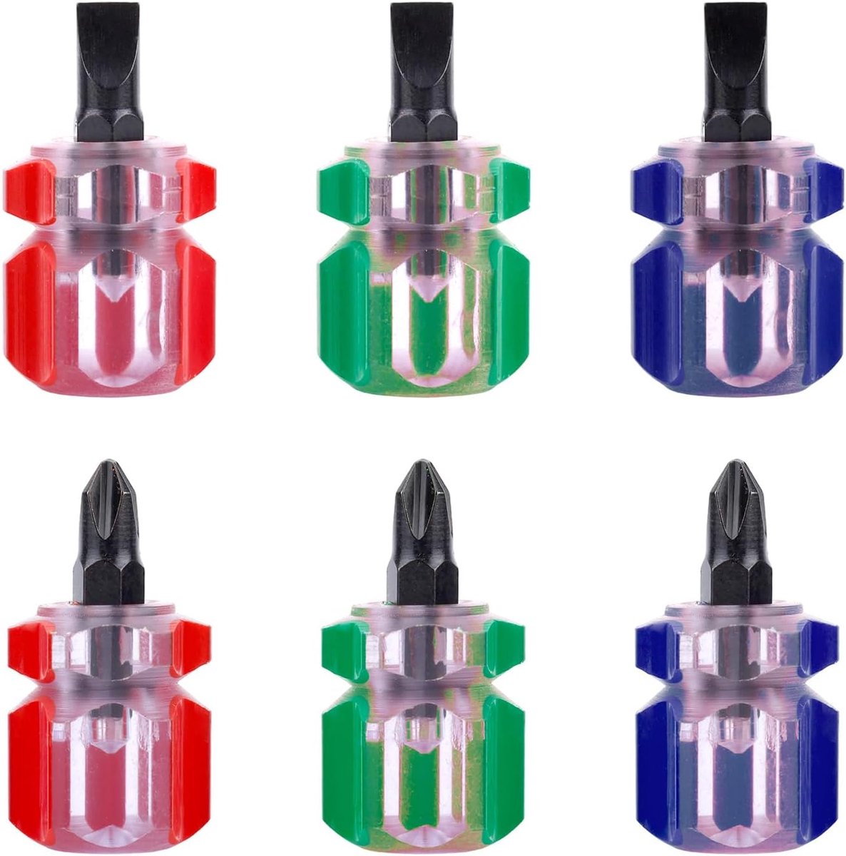 SnelShoppen - 6st Korte Schroevendraaiers Set Platkop & Kruiskop Mini Gereedschap voor Naaimachine Reparatie, Compact Draagbaar, Rood Groen Blauw, DIY