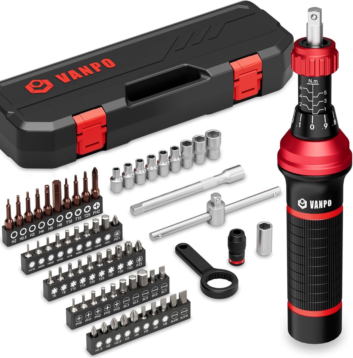 SnelShoppen - Torque Schroevendraaier Set 1/4 Inch 64-Delig - 1-6 Nm Precisie Moment Sleutel met T-Hendel - Slotted, Hexagon, Torx en Phillips Bits -