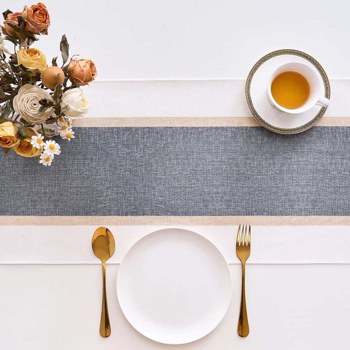 SnelShoppen - Table Runner Grijs 40 x 140 cm - Waterdicht Katoen-Linnen Mix - Wasbaar - Streepdessin - Perfect voor Tuin, Feest, Bruiloft en Eetkamer