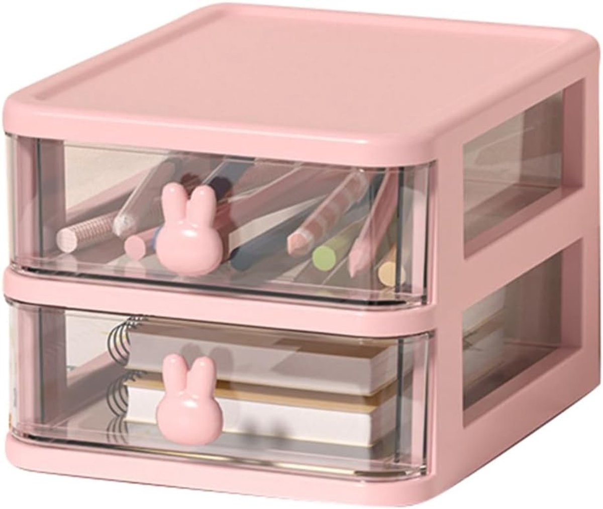 SnelShoppen - Transparante Desk Storage Box met 2 Lagen en Konijnenhandvat - Grote Capaciteit Organizer voor Kantoorbenodigdheden - Roze (13.5x17x11cm