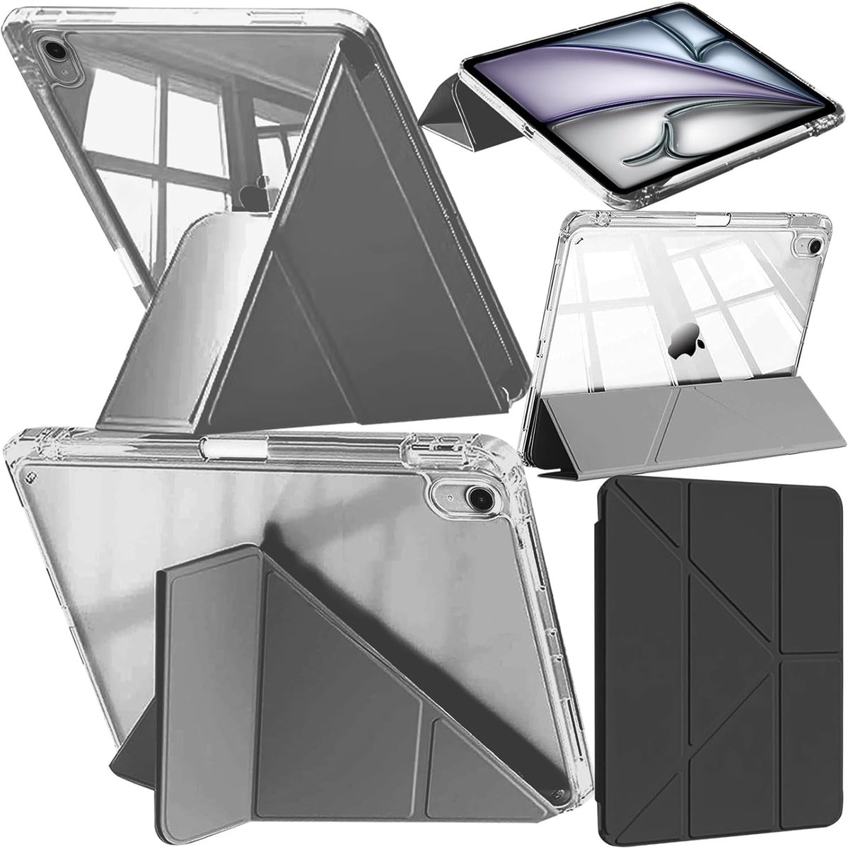 SnelShoppen - iPad Air 13 Inch Case met Pencil Houder, Transparant, 6 in 1 Y-Vouwstand, Automatische Wake/Sleep, Zwart – Geschikt voor M4/M3/M2 2026/2