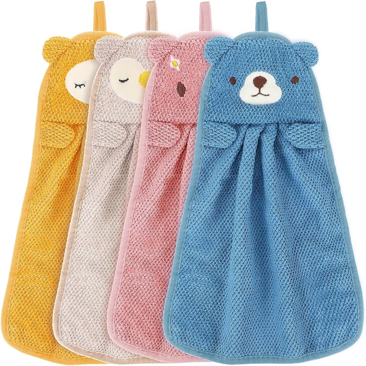 SnelShoppen - 4 Stuks Kindertowels Schattige Dieren Microvezel Absorberend Sneldrogend Handdoeken met Hanglus voor Badkamer en Keuken