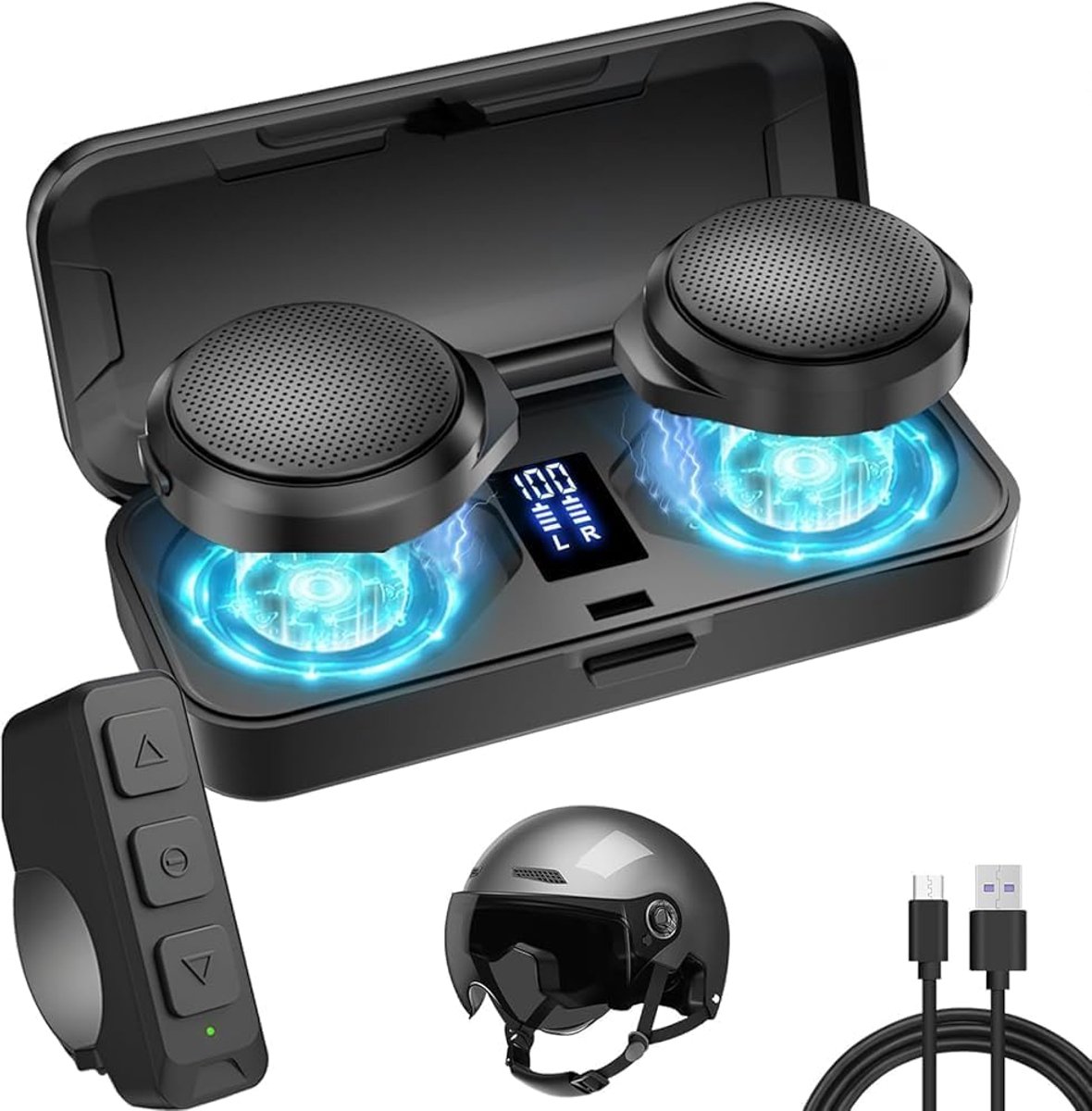 SnelShoppen - Draadloze Bluetooth Headset voor Motorhelm met Oplaadcase - 1900 mAh Accu, 50 Uur Speeltijd, Perfect voor Motorrijden en Skiën