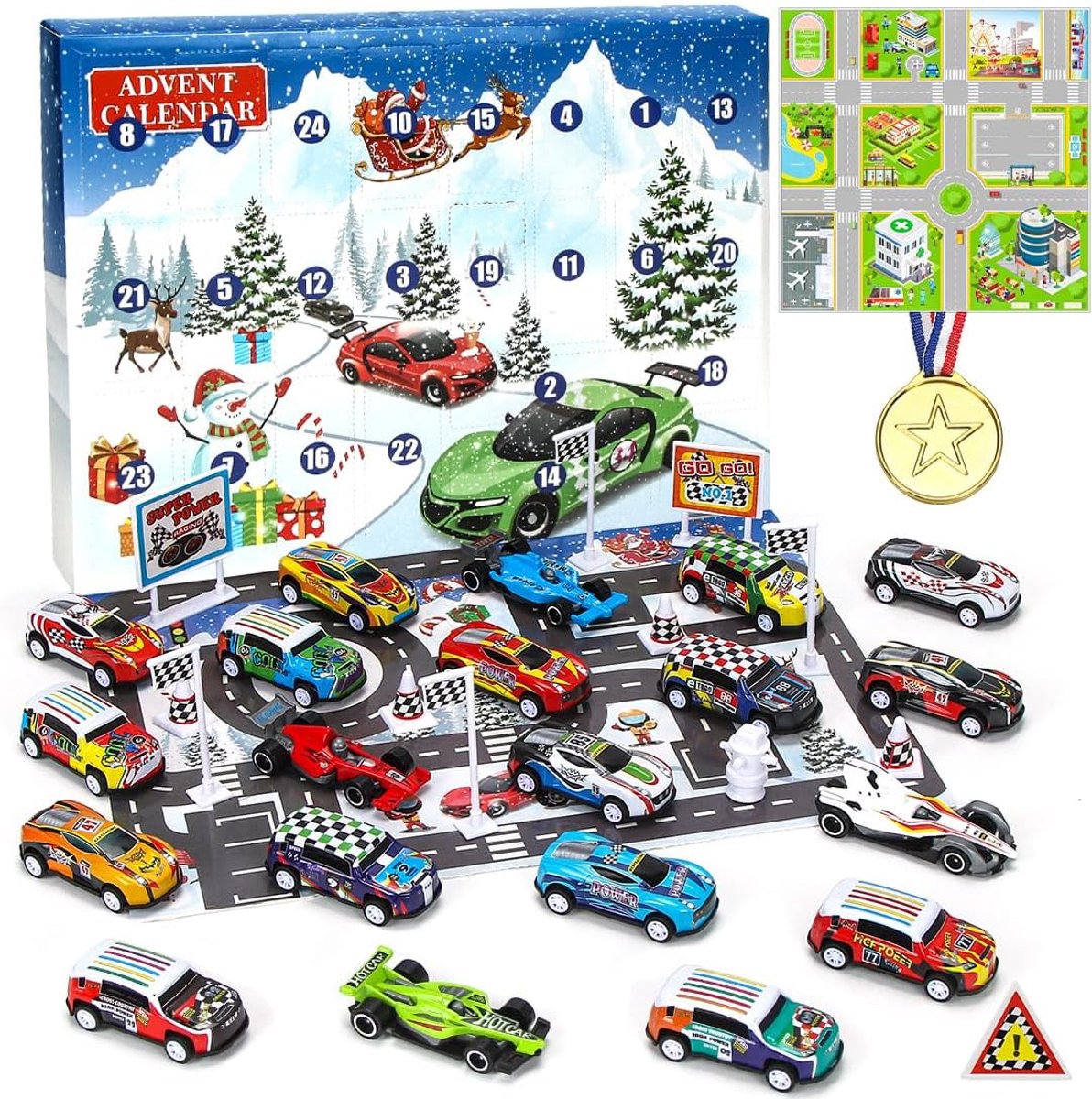 SnelShoppen - Sprinlot Adventskalender Mini Auto's, Speelgoedauto's Set van 24 Stuks voor Kerst, Hoogwaardige Legering, Kleurige Ontwerpen, Perfect vo