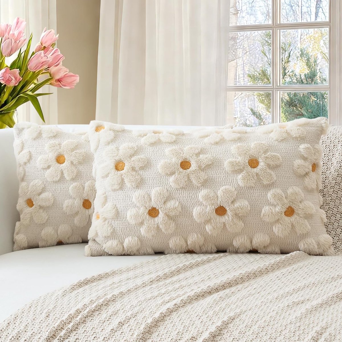 SnelShoppen - Set van 2 Decoratieve Kussenslopen van Faux Wol, Zachte Pluche Bloemenprint, 40x60 cm, Beige Crème, Ideaal voor Sofa en Slaapkamer in Le