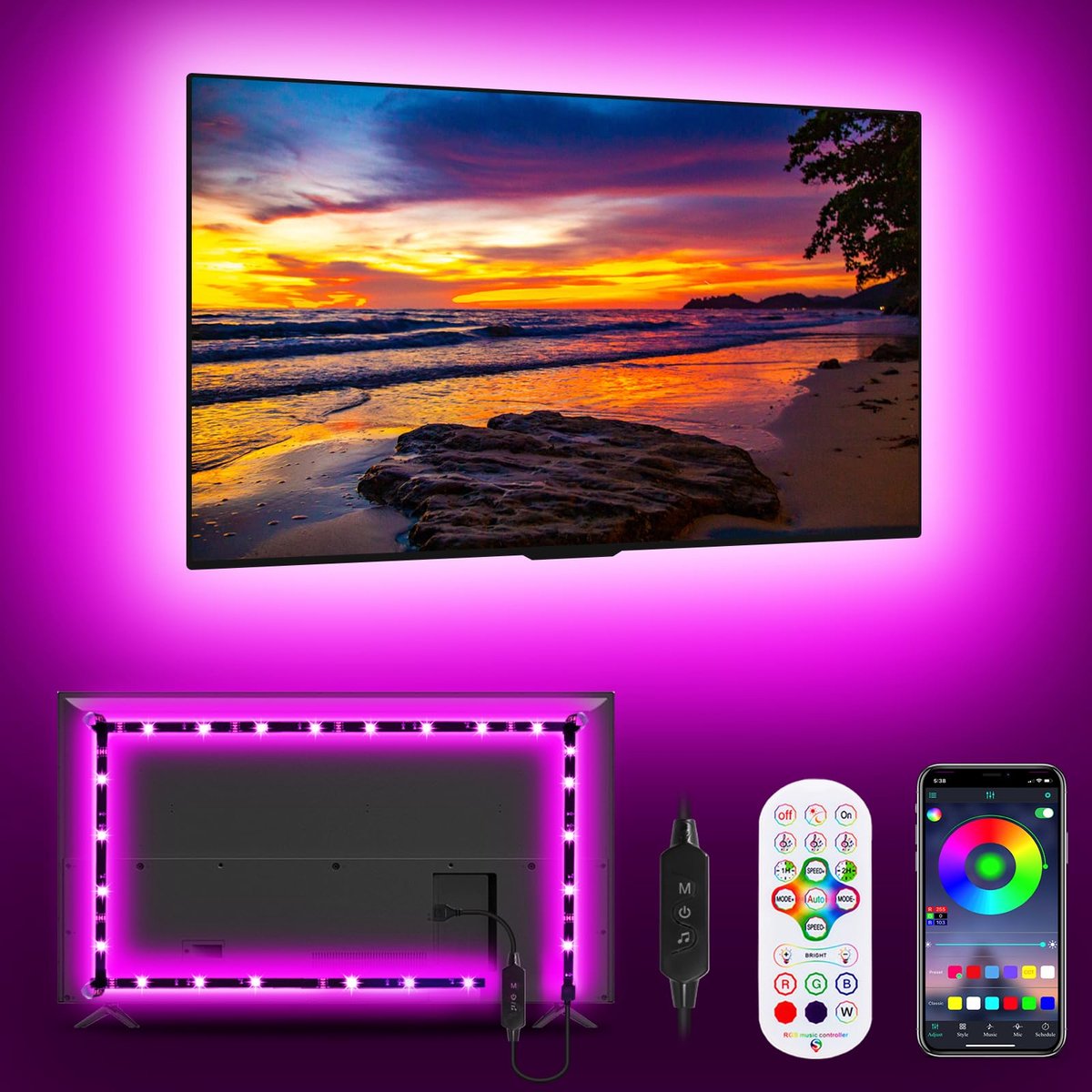 SnelShoppen - TV Verlichting 3M RGB Led Strip voor 32-43 inch TV's, Muziek Sync LED Achtergrondverlichting met Afstandsbediening en App Controle, Kleu