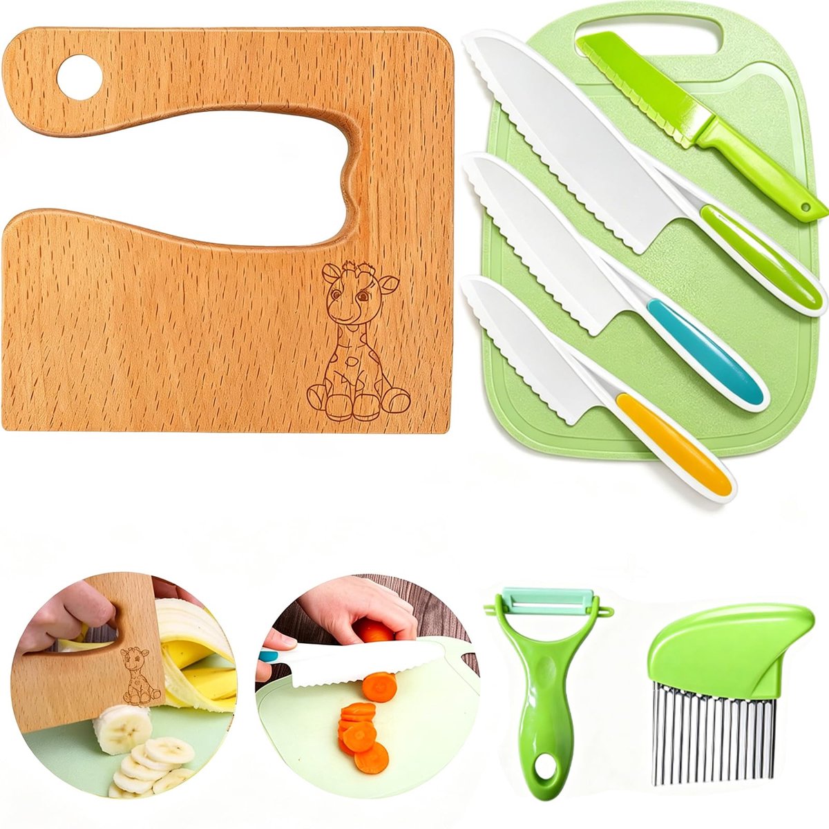 SnelShoppen - Goodchef Kinder Messenset 8-delig, Veilige Houten Keukenmessen voor Kinderen vanaf 2 Jaar, Montessori Speelgoed, Ideaal Kinderkeukengere