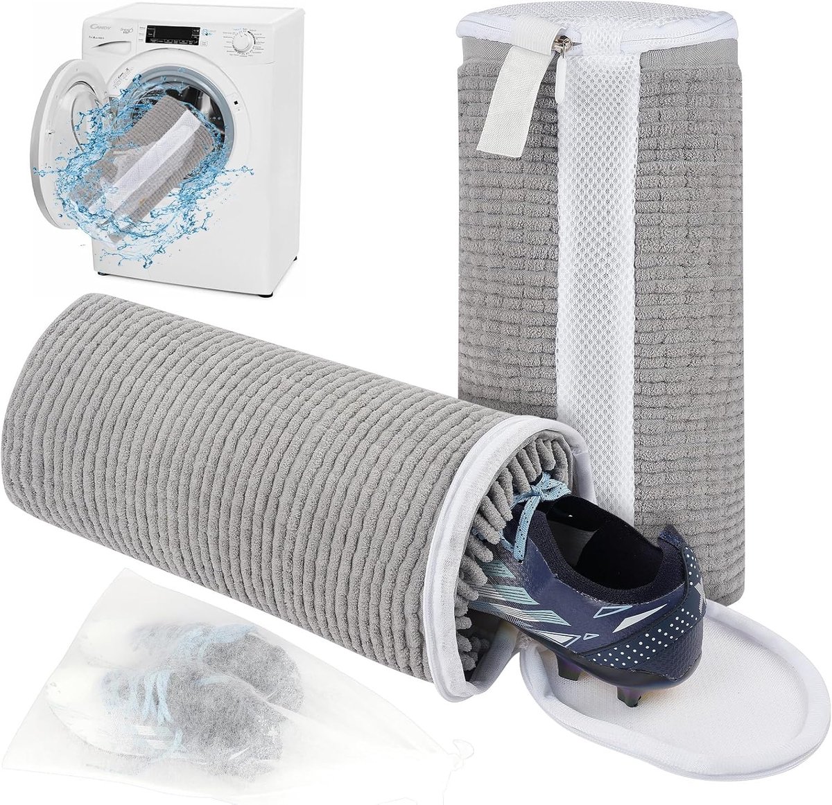 SnelShoppen - 2 Stuks Herbruikbare Waszakken voor Wasmachine en Droger, Ideaal voor Sneakers, Sokken, Bh's - Donkergrijs, Duurzaam Chenille Materiaal