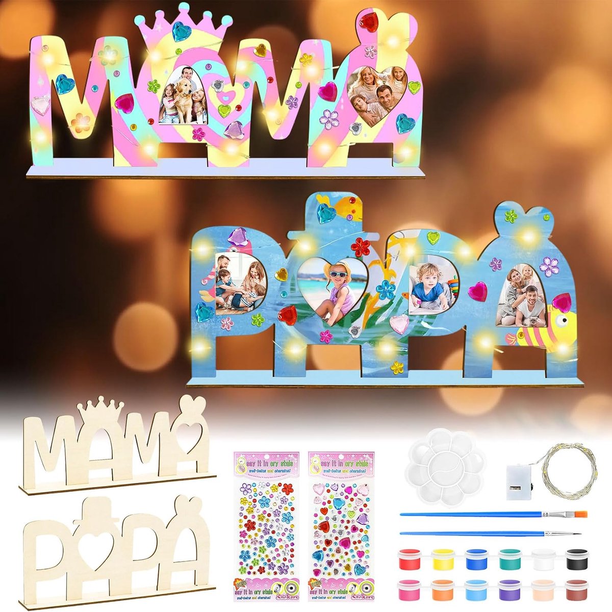 SnelShoppen - Houten Letters Craft Set voor Mamma en Papa, 2 Stuks met LED, Stickers, Verf en Kwasten voor Vaderdag, Verjaardag en Kerst, Decoratie vo