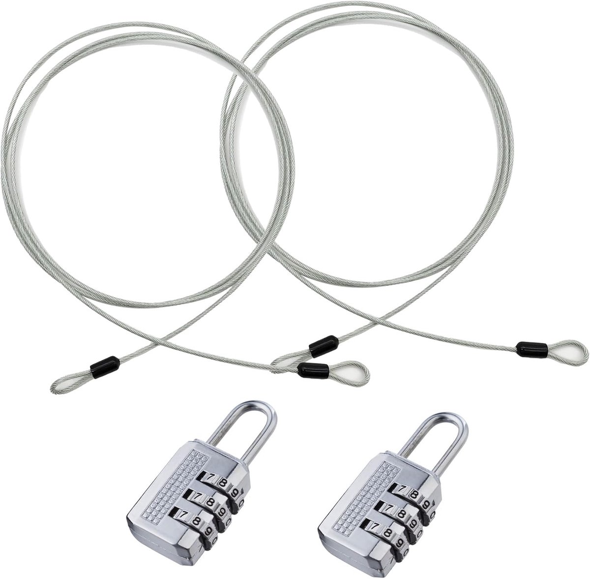 SnelShoppen - Pack van 2 3 mm Anti-Diefstal Veiligheidskabel met Slot, 2 m RVS Kabel met Loop, Sport Veiligheidsloop, Roestvrij Staal, Zilver