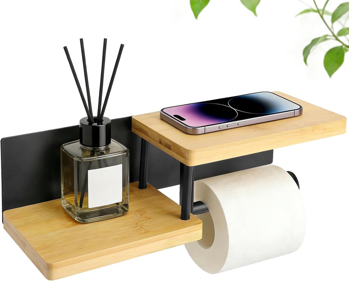 SnelShoppen - Toiletpapierhouder met 2 Planken, Muurbevestiging Zonder Boren, Metaal en Bamboe, Zwart en Natuurlijk, Model PPT130 voor Badkamer en Toi