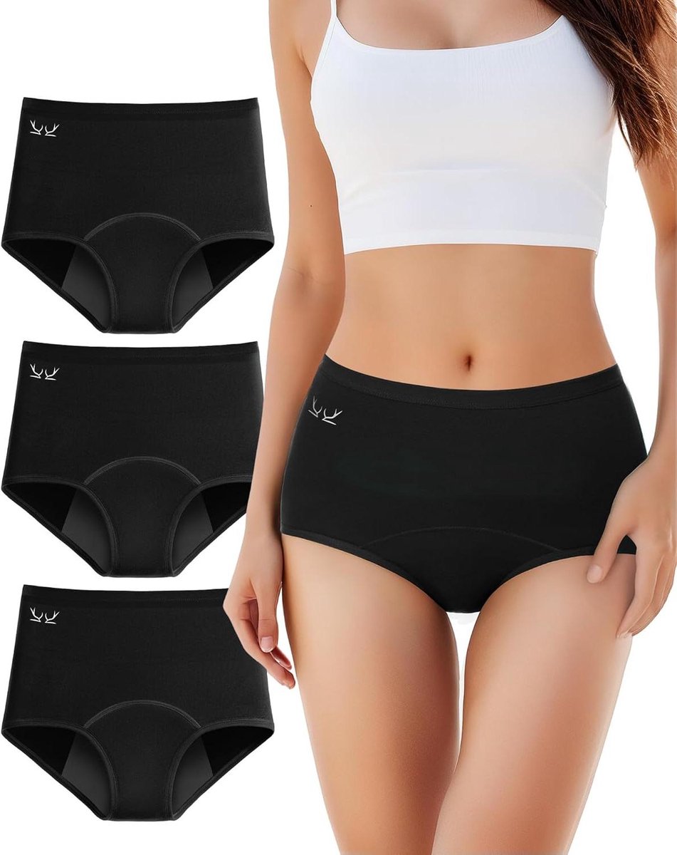Menstruatie Ondergoed - Hoge Taille - Comfortabele Bescherming - Lekvrije Lagen - 3 Stuks - Zwart