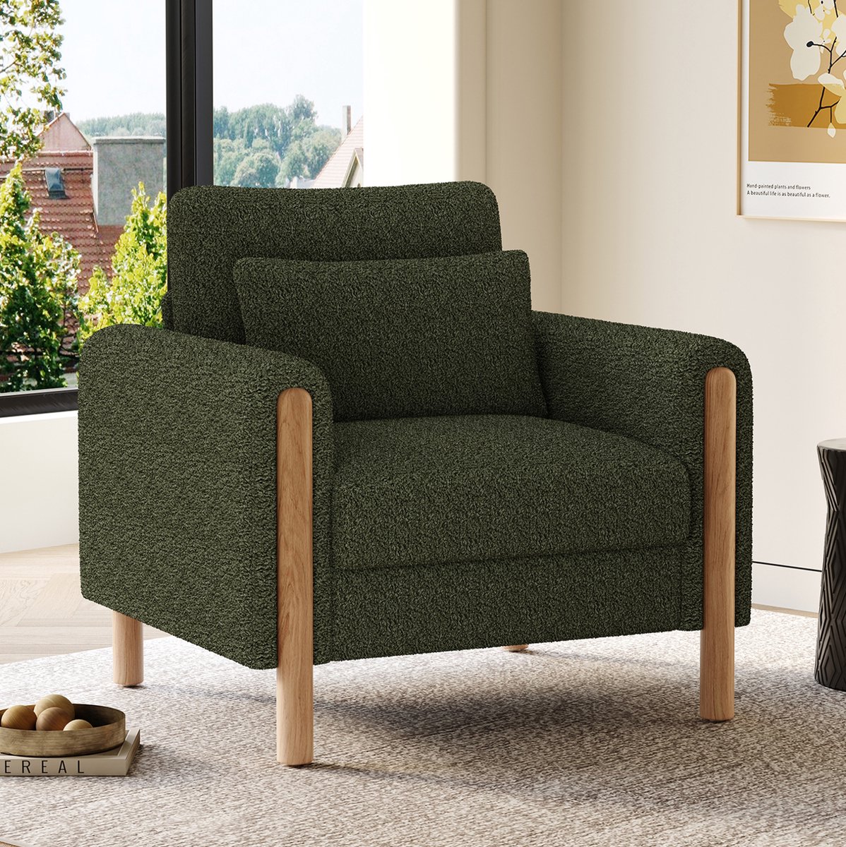 COVREO Fauteuil 87x83x88,5 cm – groen pluche stof, houten poten, 1-zits met armleuningen