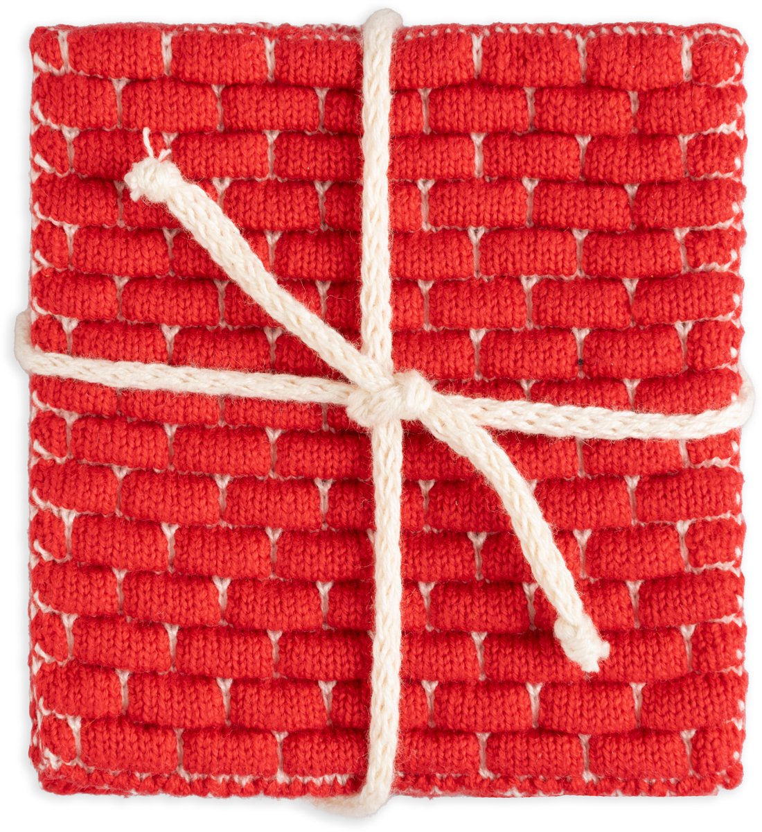 Knit Factory Gebreide Glasonderzetters Block - Ecru/Rood - 10x10 cm
