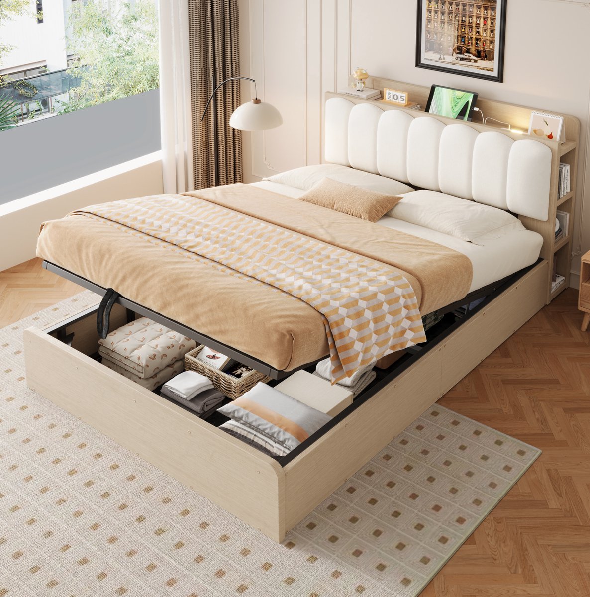 REDOM - Bed met hydraulische opbergruimte - Gepolsterd hoofdeinde met legplank en opbergvakken - USB-aansluiting en nachtlamp - Hout - 140 x 200 cm - Houtkleur